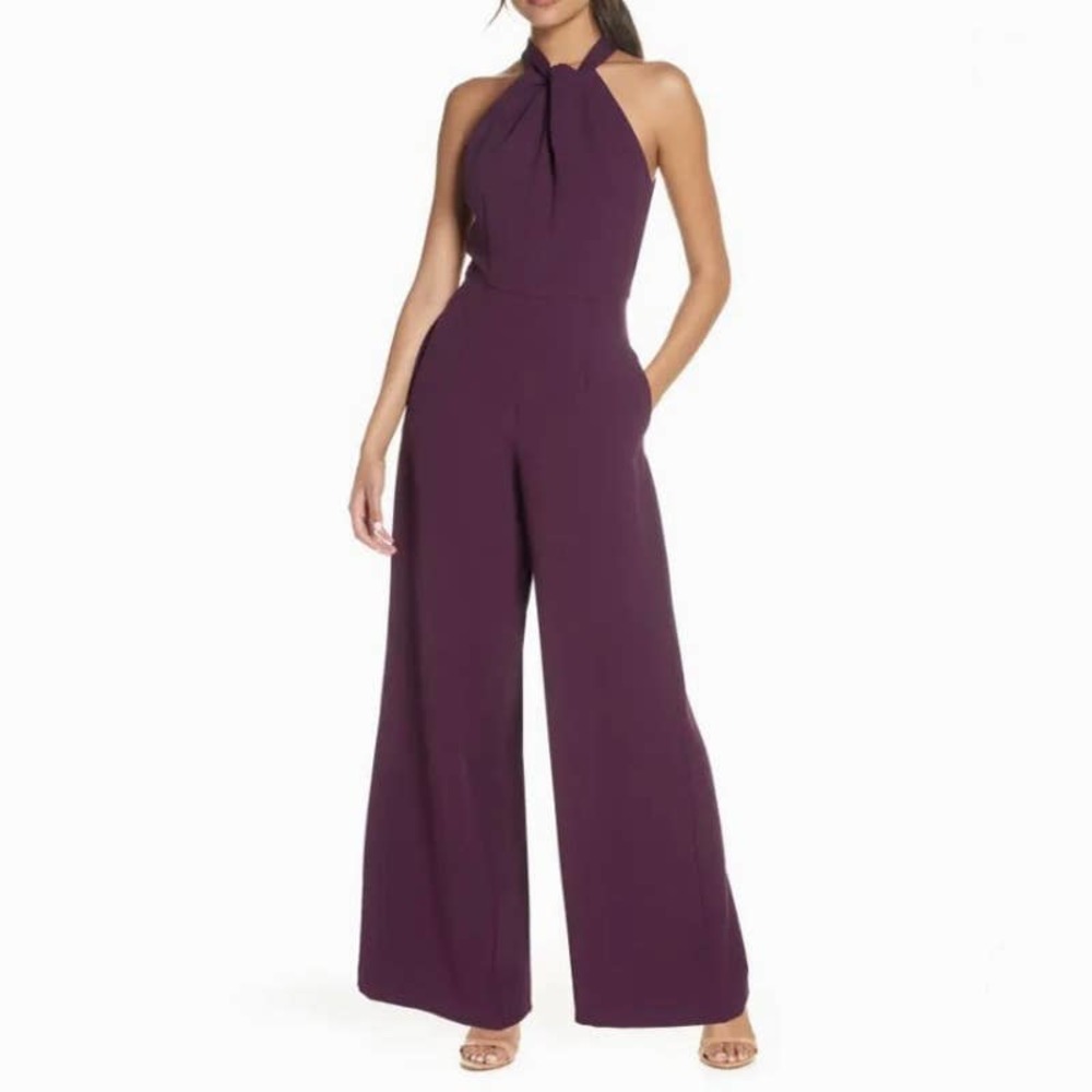 Julia Jordan halter neck jumpsuit, New size 8 plum crepe wide leg keyhole